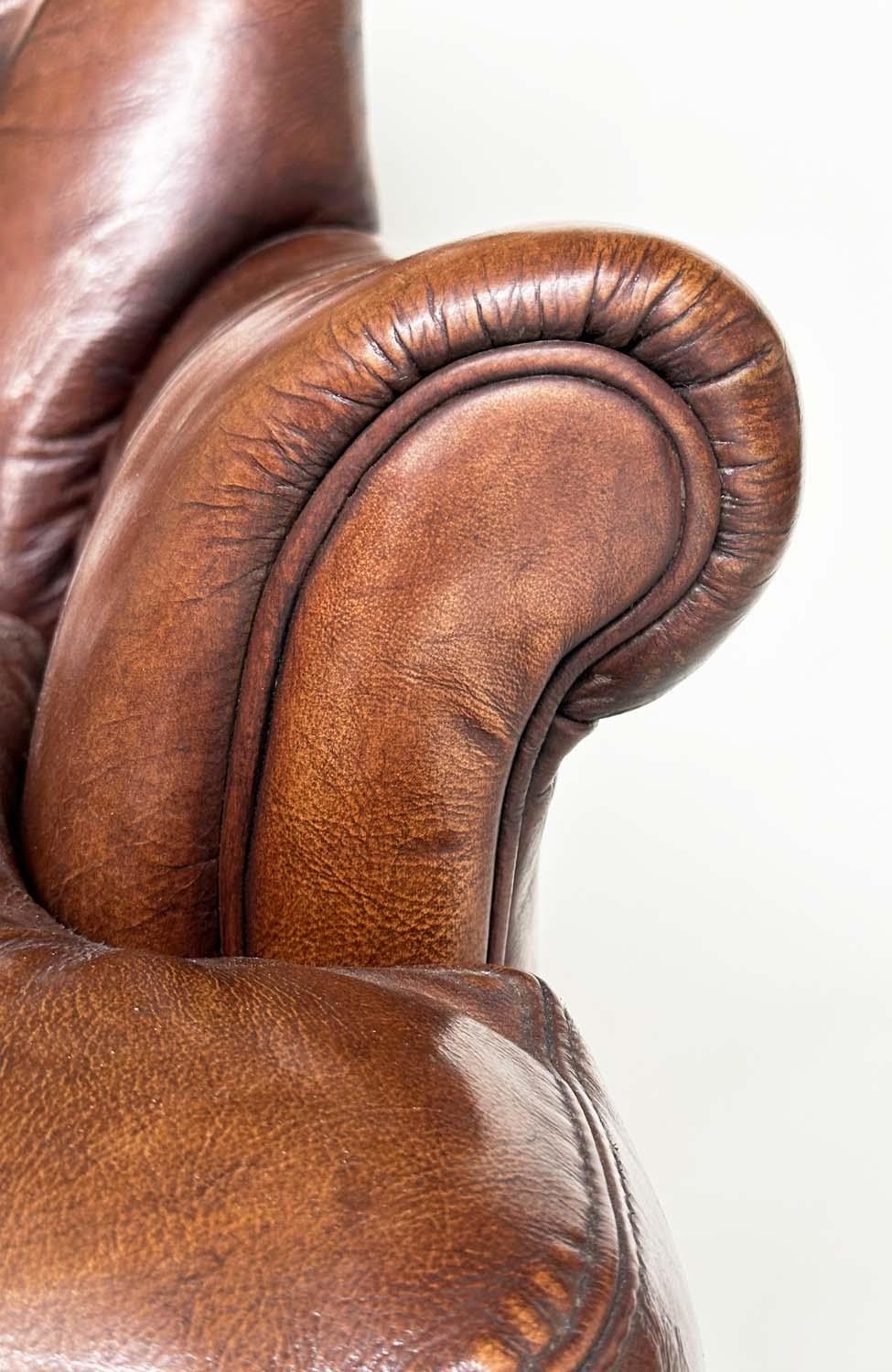 LIBRARY ARMCHAIR, Georgian design with deep buttoned soft natural tan brown leather upholstery and - Image 4 of 7