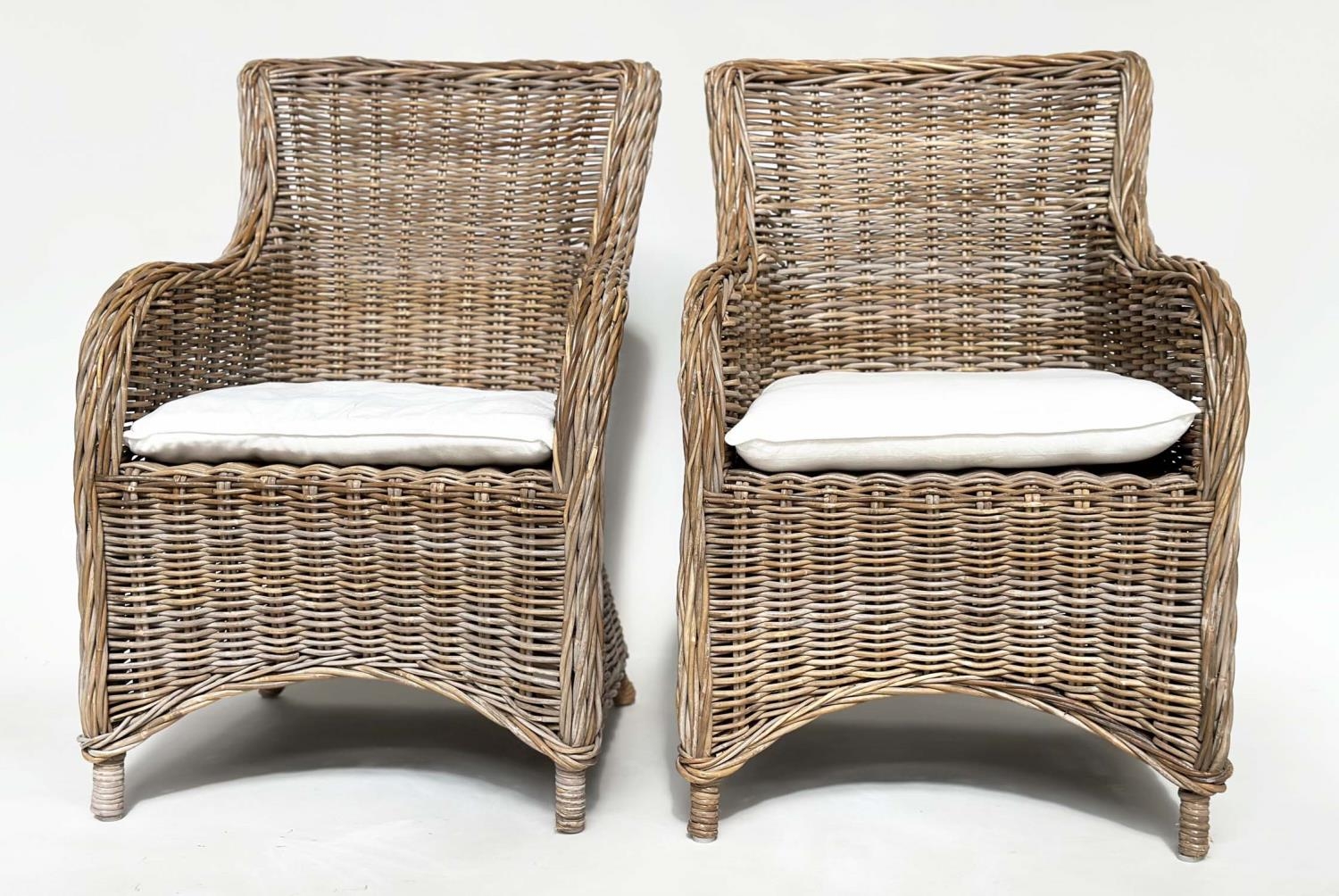 ORANGERY ARMCHAIRS, a pair, rattan framed and woven with cushion seats. (2) - Image 2 of 15
