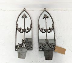 MIRRORED WALL PLANTERS, pair, with lancet arched metal frames, 64cm H x 21.5cm W. (2)