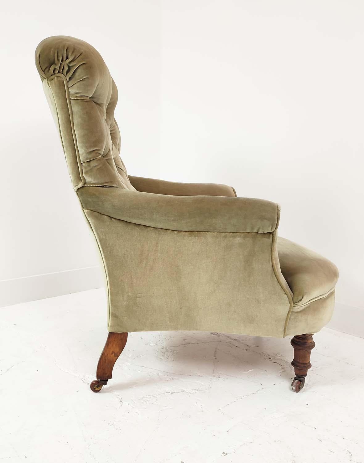 ARMCHAIR, by Cornelius V Smith, late Victorian walnut and beechwood in green velvet, back leg - Image 6 of 9