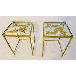 WINE TABLES, a pair, 51cm H x 40cm W, the tops with butterfly motifs, overlaid glass, gilt