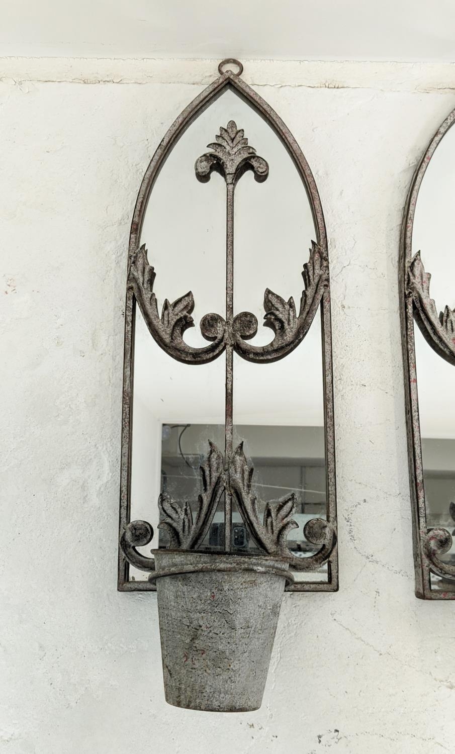 MIRRORED WALL PLANTERS, pair, with lancet arched metal frames, 64cm H x 21.5cm W. (2) - Image 2 of 6