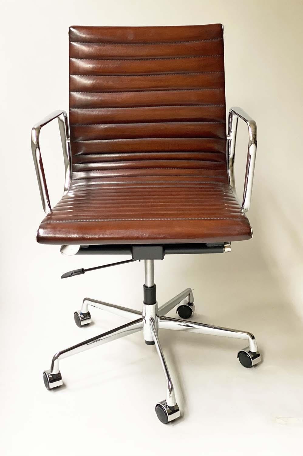 REVOLVING DESK CHAIR, Charles and Ray Eames inspired with ribbed hand finished mid brown natural - Image 2 of 11