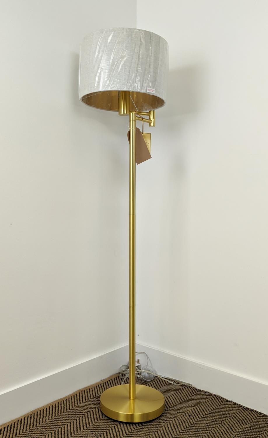 LAUREN RALPH LAUREN HOME FLOOR LAMP, gilt metal, with shade, 143cm H.