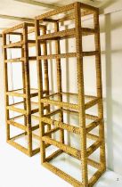 ETAGERES, a pair, 1970's Italian style, rattan with glass shelves, 199cm H x 70cm W x 40cm D. (2)