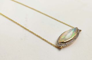 A 14CT GOLD OPAL AND DIAMOND SET PENDANT NECKLACE, the cabouchon opal surrounded by round