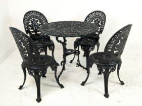 CIRCULAR GARDEN TABLE, black metal, 72cm H x 80cm and a set of four chairs, 85cm H x 42cm. (5)