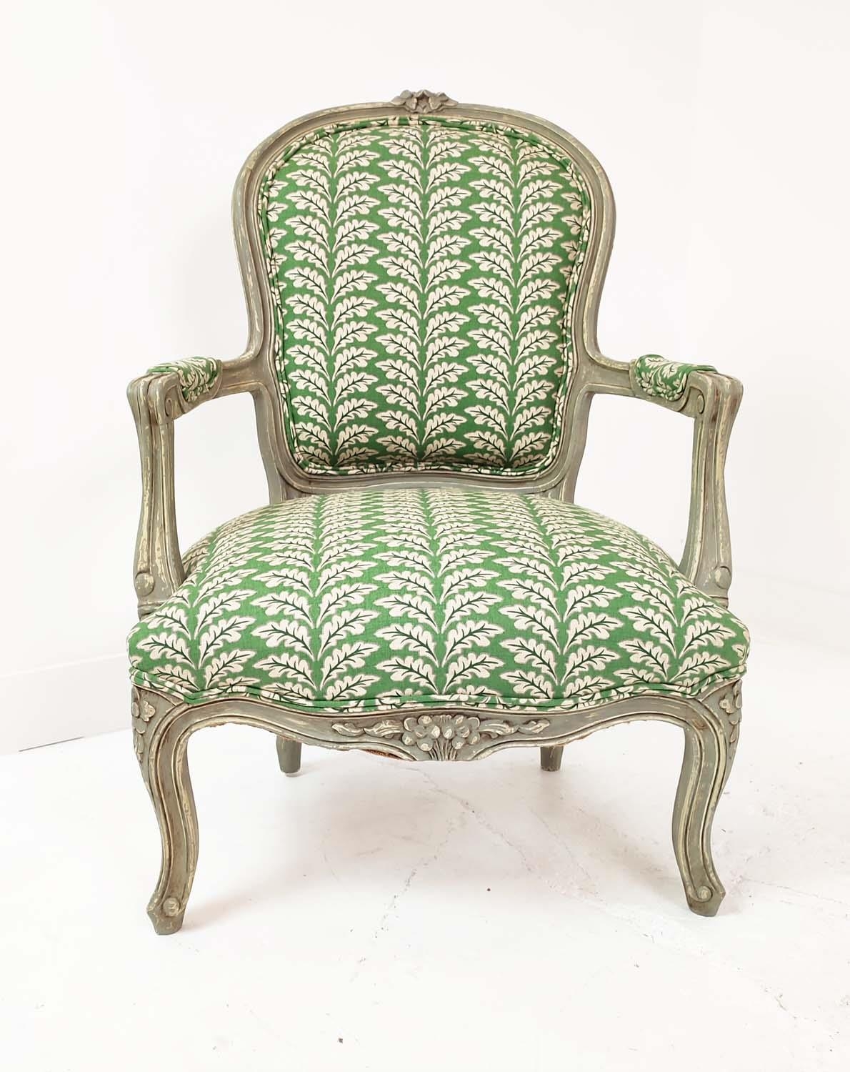 FAUTEUILS, a pair, Louis XV style, grey painted with green leaf patterned upholstery, 92cm H x - Image 4 of 8
