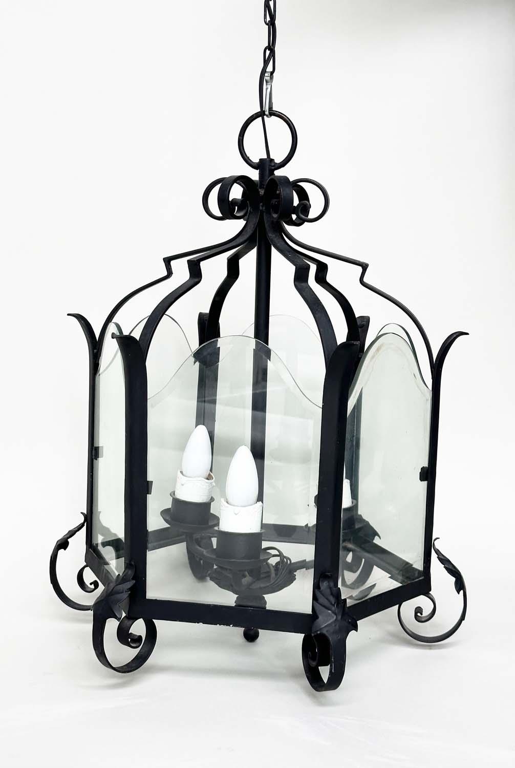 HALL LANTERN, Italian style hexagonal wrought iron and glazed with three branch fitting, 46cm W x - Image 2 of 5