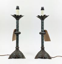 ALTAR CANDLESTICK LAMPS, a pair, with light blue highlights, 50cm H. (2)