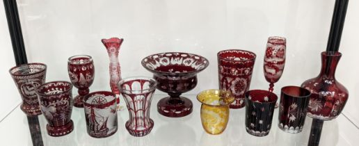 QUANTITY OF BOHEMIAN CUT GLASS, comprising various glasses, bowls, vase and water jug and glass. (