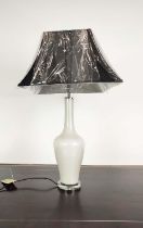 TABLE LAMP, white glass base, with black shade, 89cm H approx.