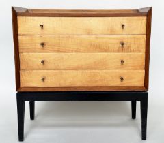 CHEST, 1970s maple with four long drawers ¾ gallery and ebonised supports, 77cm W x 77cm H x 41cm D.