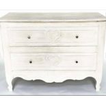 COMMODE, 18th century Louis XV and later grey painted with two drawers and carved scroll supports,