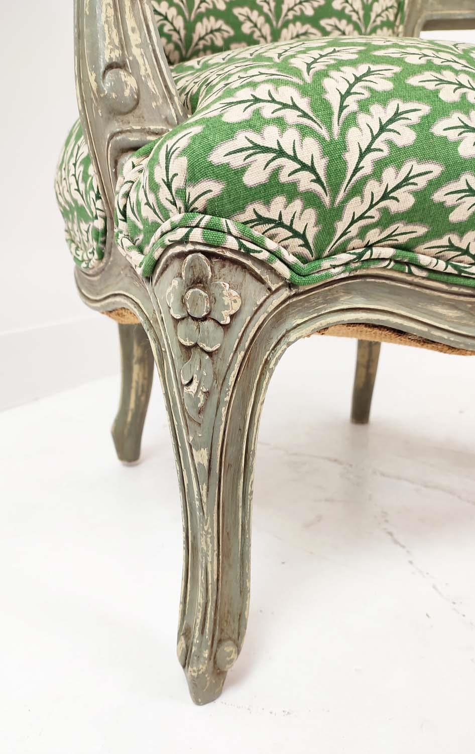 FAUTEUILS, a pair, Louis XV style, grey painted with green leaf patterned upholstery, 92cm H x - Image 5 of 8