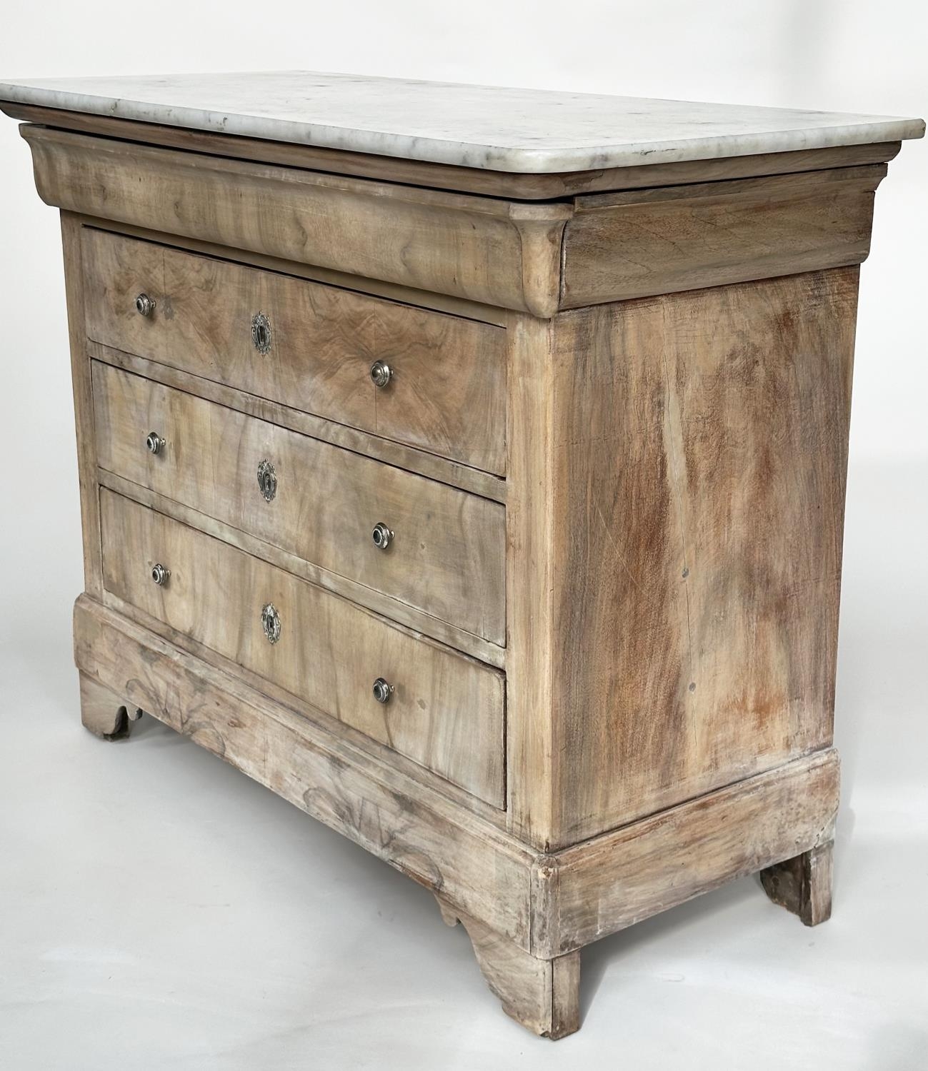 COMMODE, 19th century French Louis Philippe figured walnut with four long drawers silvered metal - Image 11 of 12