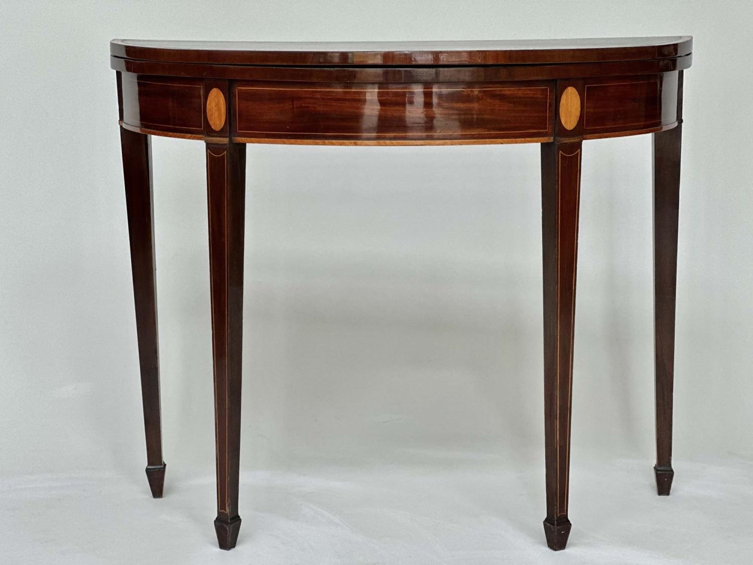 CARD TABLE, George III flame mahogany and satinwood crossbanded, demilune foldover baise lined, 90cm - Image 2 of 12