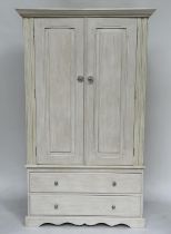 ARMOIRE, French style traditionally grey painted with two panelled doors enclosing hanging space