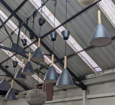 CEILING PENDANT LIGHTS, seven of one design and a pair of another, 48cm drop at largest not
