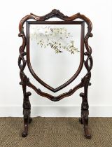 FIRESCREEN, Victorian rosewood with painted shield shaped glass panel, 110cm H x 66cm.