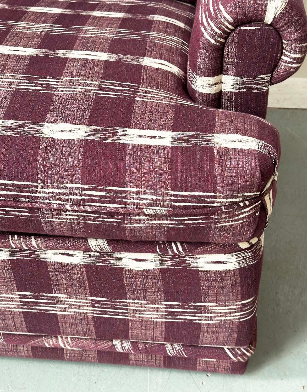 SOFA, Swedish check purple/white upholstery with scroll arms, 203cm W. - Image 3 of 9