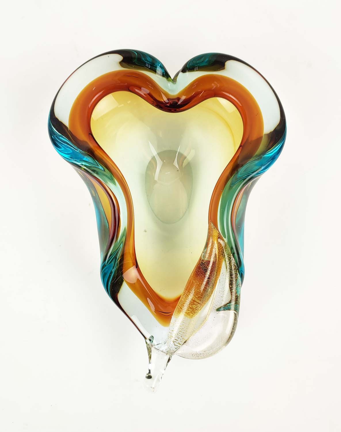 A MURANO GLASS BOWL, in the form of a pear, in amber and teal colourway, polished base, probably - Image 3 of 5