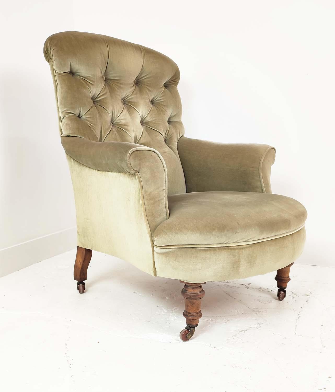 ARMCHAIR, by Cornelius V Smith, late Victorian walnut and beechwood in green velvet, back leg - Image 2 of 9