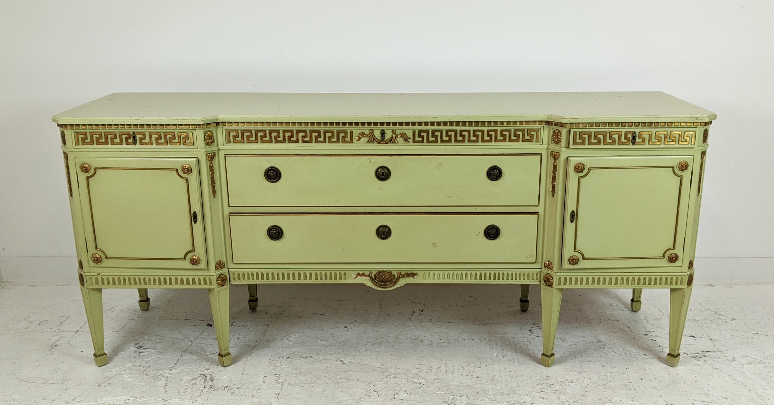 SIDEBOARD, neo classical style green painted and gilt, heightened with five drawers and two doors,