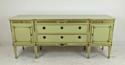 SIDEBOARD, neo classical style green painted and gilt, heightened with five drawers and two doors,