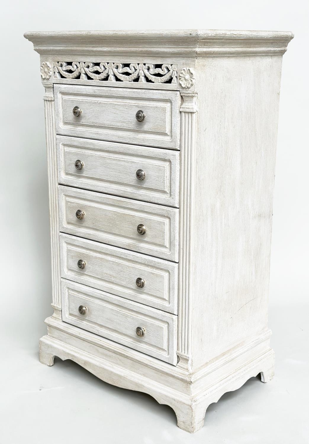 TALL CHEST, French style traditionally grey painted with pierced frieze and five drawers, 100cm H - Image 7 of 7