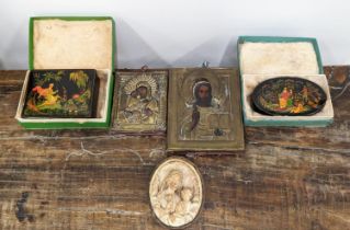 RUSSIAN ICONS AND PAPIER MACHE BOXES. (5)