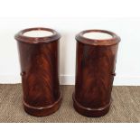 VICTORIAN STYLE MARBLE TOPPED MAHOGANY POT CUPBOARDS, a pair, of cylindrical form, single door, 33cm