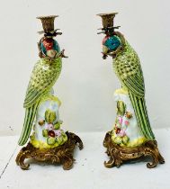 CANDLESTICKS, a pair, ceramic parrot form, gilt mounts, 35cm H x 15cm x 15cm. (2)