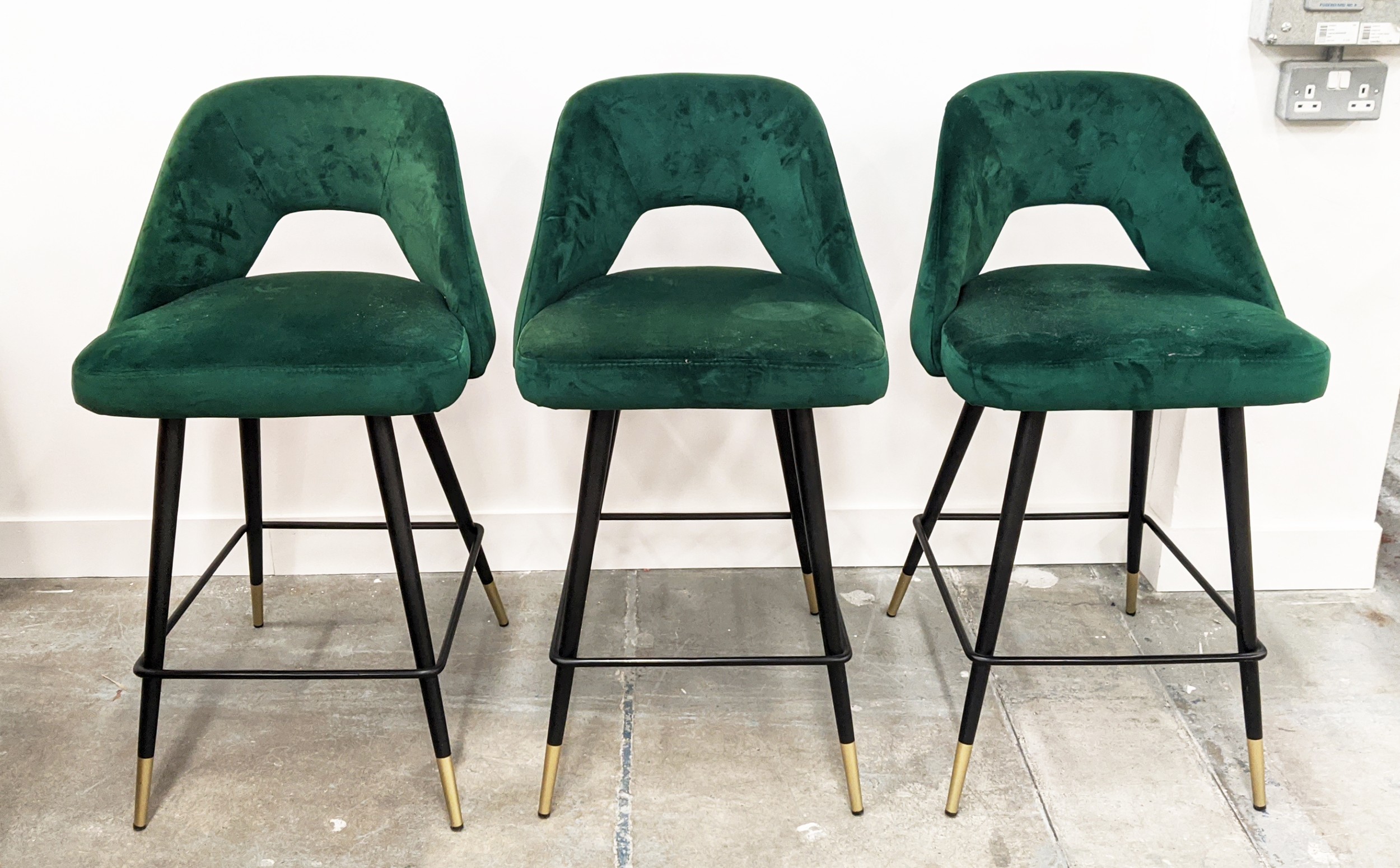 EICHHOLTZ AVORIO COUNTER STOOLS, a set of three, Roche green velvet upholstered, 91cm H. (3)