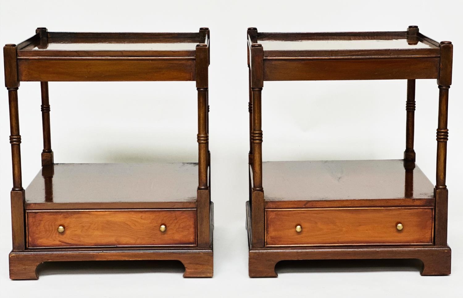 LAMP TABLES, a pair, George III design yewwood, each with brushing slide, two tiers and drawer, 56cm - Image 8 of 9