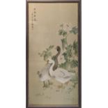 CHINESE SCHOOL, watercolour and ink, depicting geese and flora, signed top left 106cm x 61cm.
