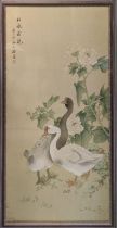 CHINESE SCHOOL, watercolour and ink, depicting geese and flora, signed top left 106cm x 61cm.