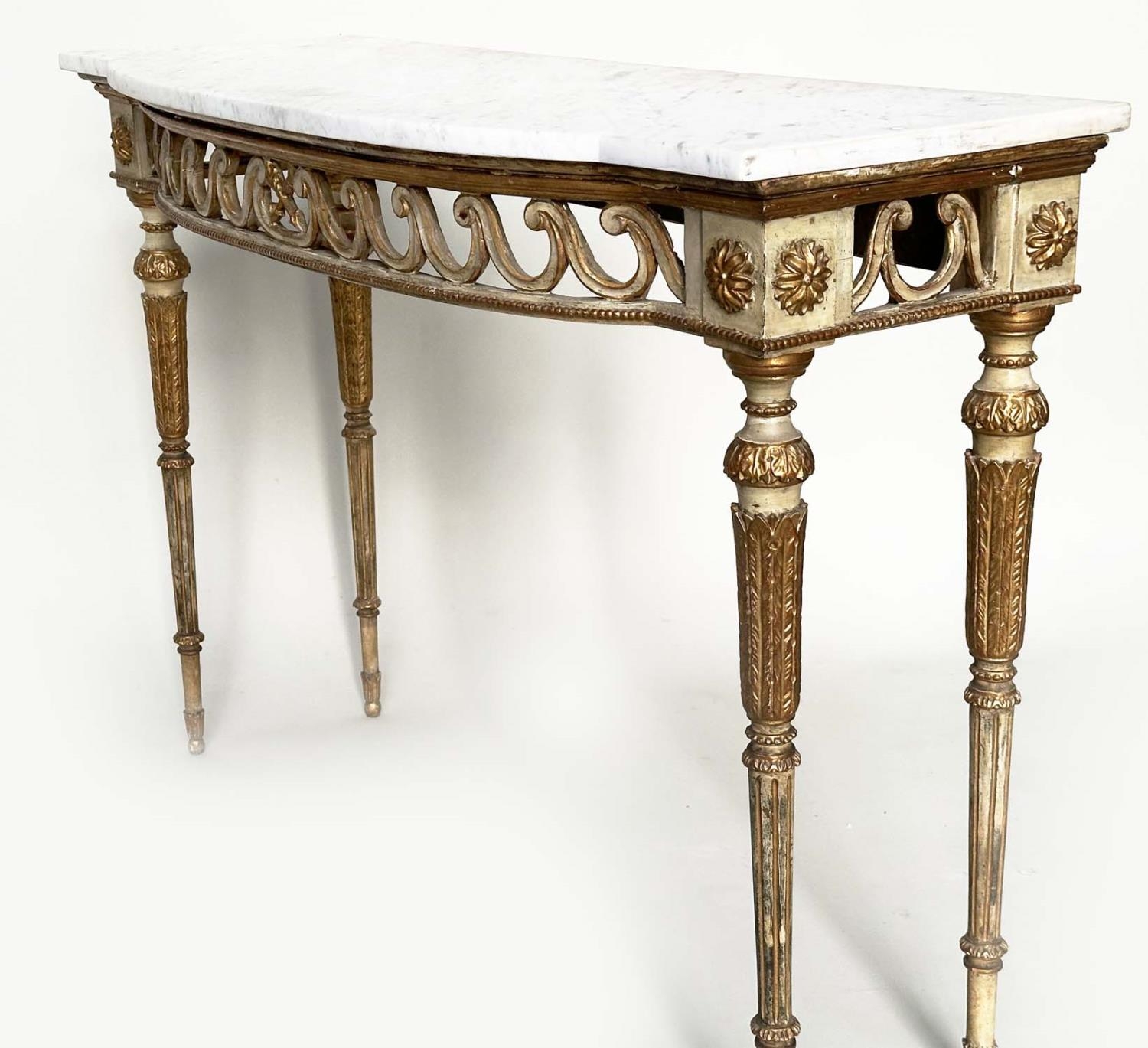 CONSOLE TABLE, late 19th century Italian grey painted and parcel gilt, bow fronted with Vitruvian - Bild 6 aus 8