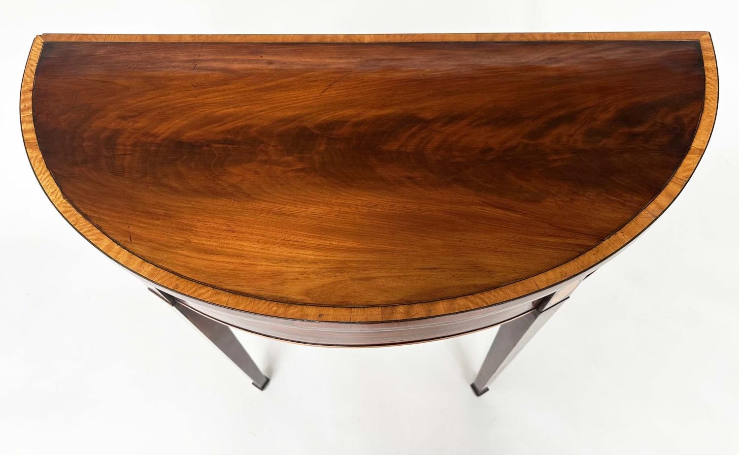 CARD TABLE, George III flame mahogany and satinwood crossbanded, demilune foldover baise lined, 90cm - Image 8 of 12