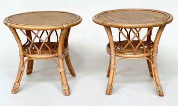 LAMP TABLES, a pair, circular rattan, wicker panelled and cane bound, 55cm x 53cm H. (2)