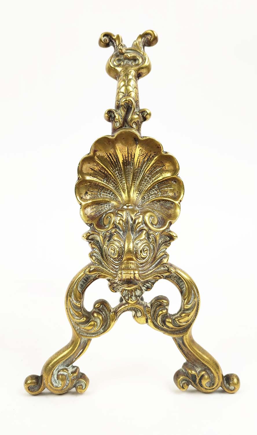 A PAIR OF VICTORIAN BRASS FIRE DOGS, made by William Tonks and Sons, circa 1880, 27cm H x 22cm D. - Image 3 of 8