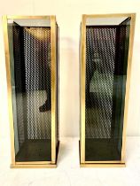 HURRICANE LANTERNS, a pair, contemporary style gilt metal with tinted glass, 73cm H x 23cm x