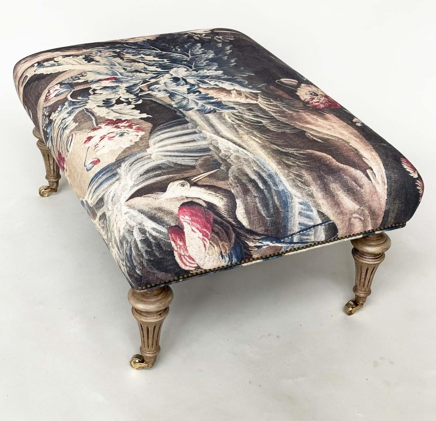 HEARTH STOOL, rectangular tapestry style printed linen raised upon turned tapering bleached oak - Image 9 of 10