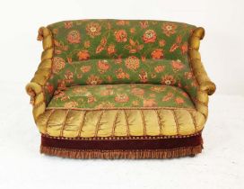 CANAPE, Napoleon III ebonised in old velvet and plush tasselled upholstery and also later fabric,