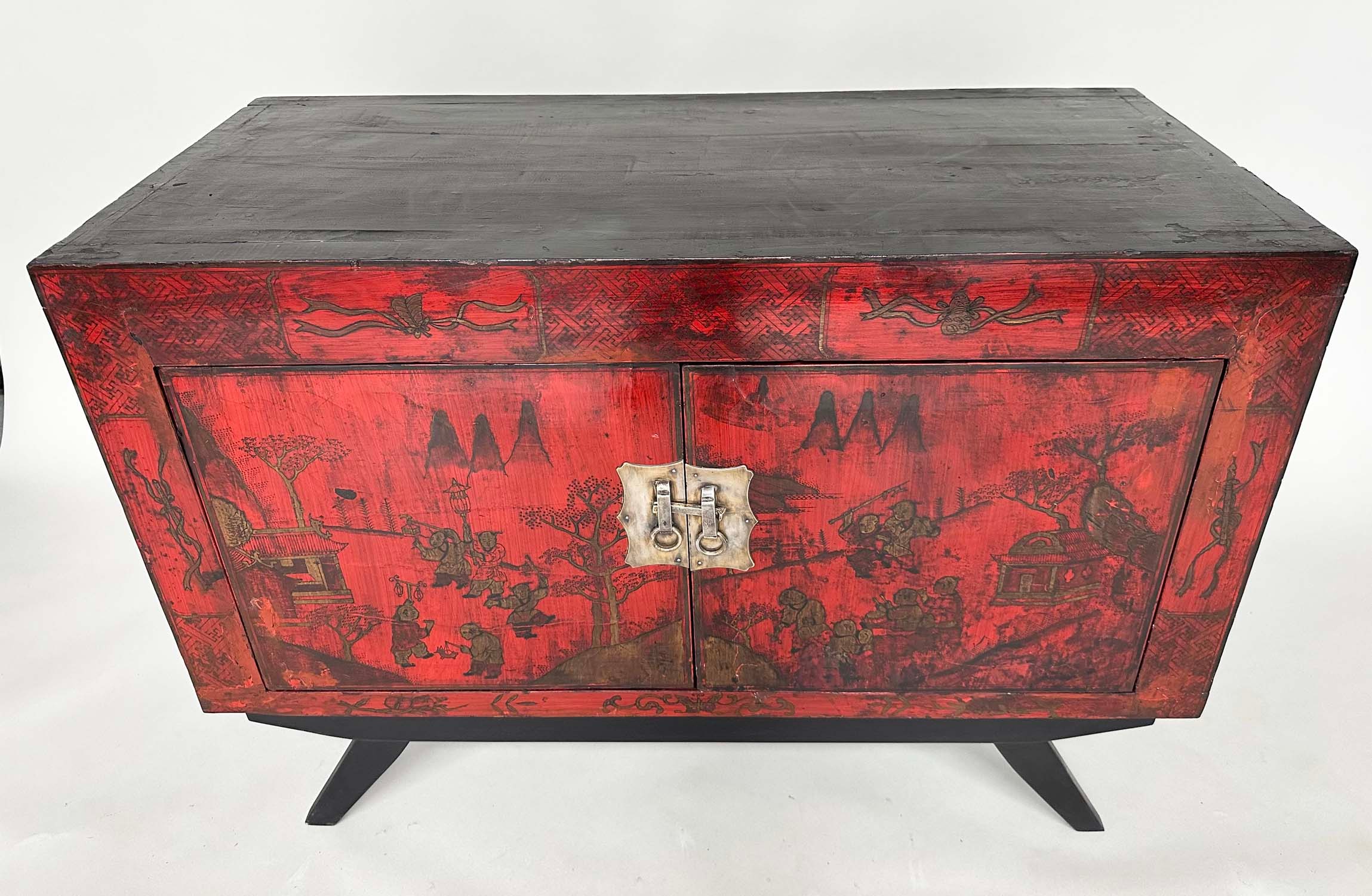 CHINESE CABINET ON STAND, 19th century scarlet lacquered and gilt polychrome decorated with two - Image 9 of 12