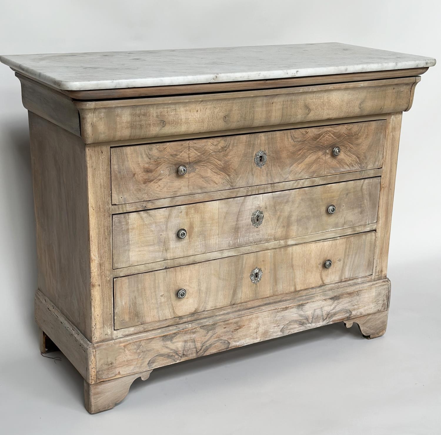 COMMODE, 19th century French Louis Philippe figured walnut with four long drawers silvered metal - Image 3 of 12