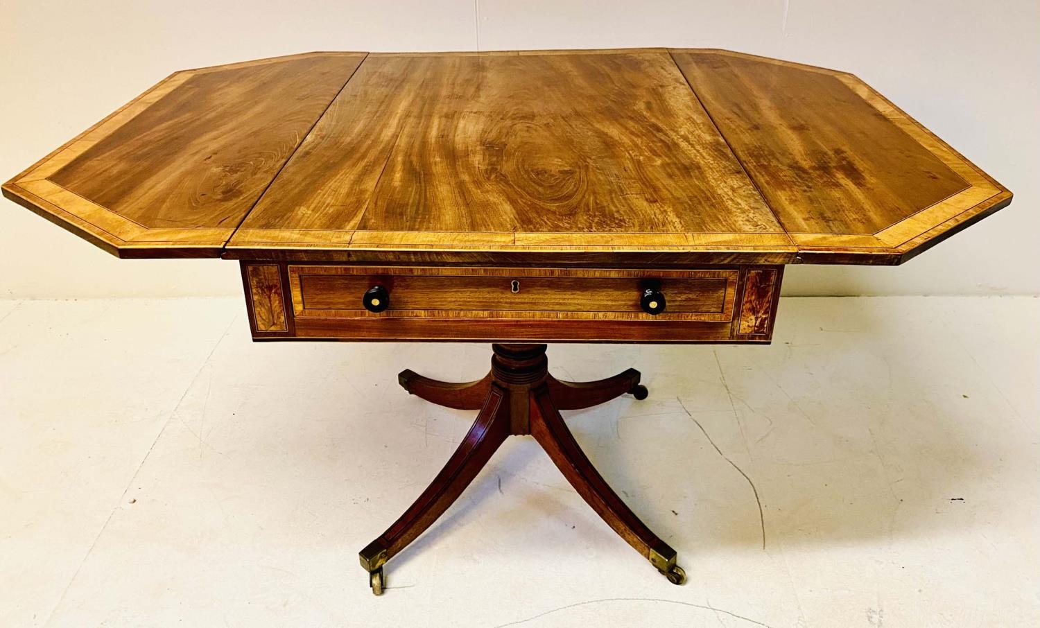 PEMBROKE TABLE, George III mahogany and satinwood with crossbanded top and a drawer to each end on