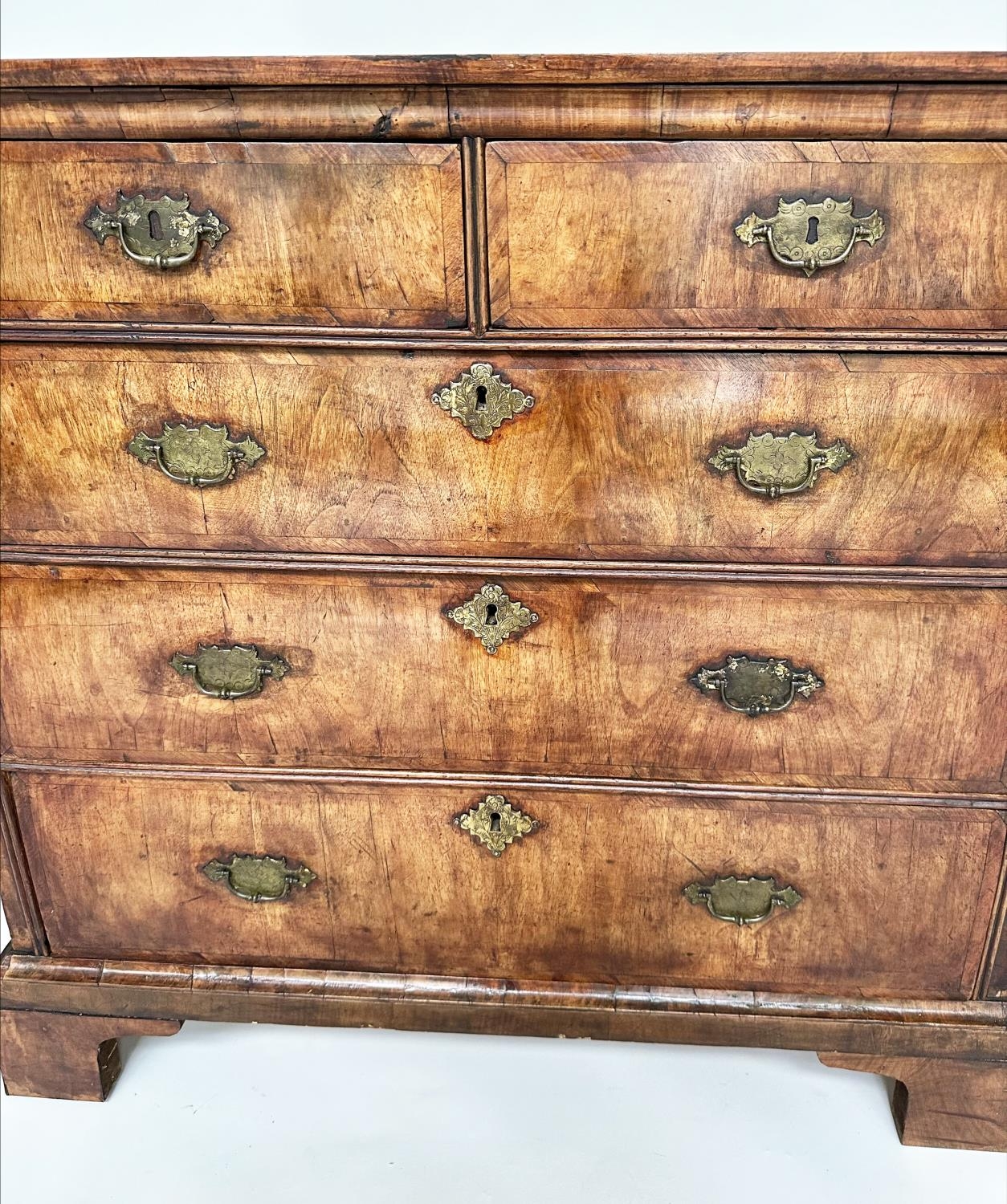 CHEST, early 18th century English Queen Anne figured walnut and crossbanded with two short and three - Image 8 of 15