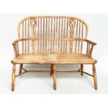 HALL SEAT, antique style English yewwood and elm, with twin pierced splat hoop back and carved