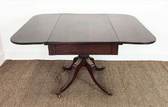 PEDESTAL PEMBROKE TABLE, Regency mahogany with a pair of drop leaves and drawer on reeded quadraform